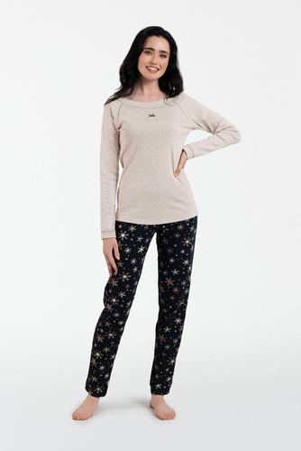 Denali Piżama Damska długi rękaw, długie spodnie Italian Fashion- beżowy melanż/druk