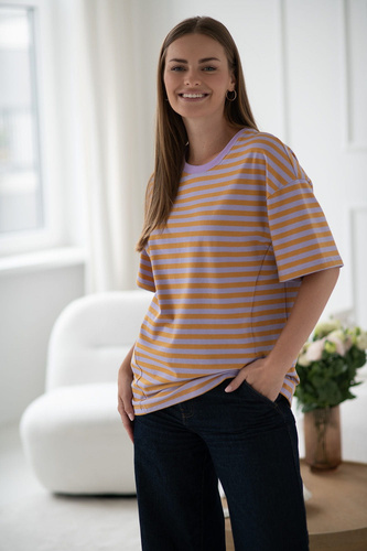 Mamahood T-shirt ciążowy i do karmienia Milk&Love miodowo-liliowe paski– wygodny i stylowy