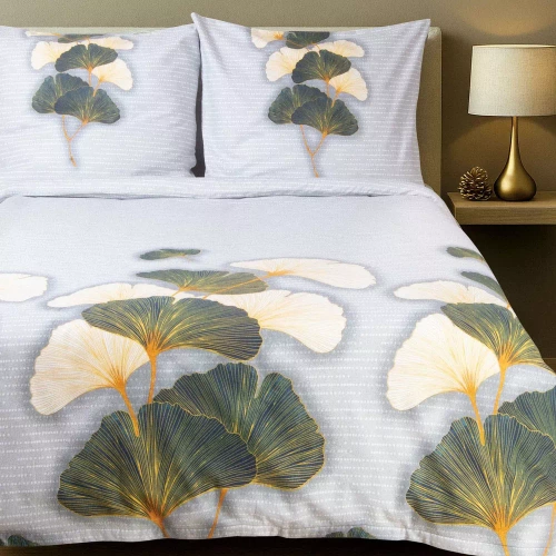 31510/1 Pościel flanelowa Flanelove Darymex szara zielona liście miłorzębu– komplet, 100% bawełna, ciepła i miękka