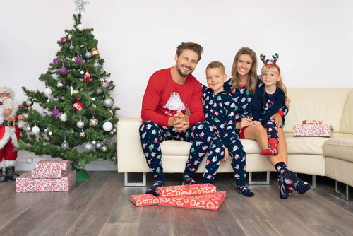 Elder Piżama Męska długi rękaw, długie spodnie Italian Fashion- czerwony/druk granatowy