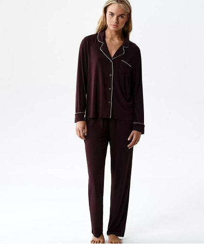 Piżama damska modalowa Atlantic NLP-495 z kołnierzykiem i długim rękawem wino