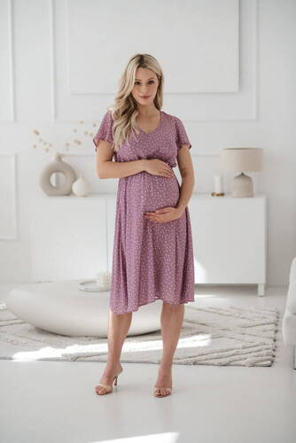 Lovely Dress Midi Milk&Love sukienka ciążowa i do karmienia lilowy róż w groszki
