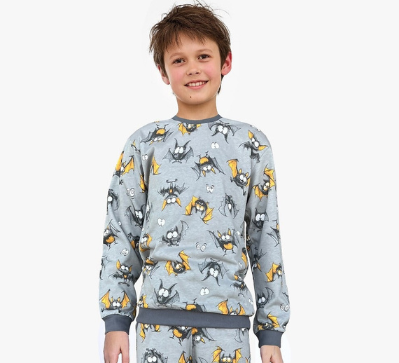 Piżama chłopięca Cornette Bat 2 264/182, 263/182 szara– bawełna, długi rękaw, wzór w nietoperze