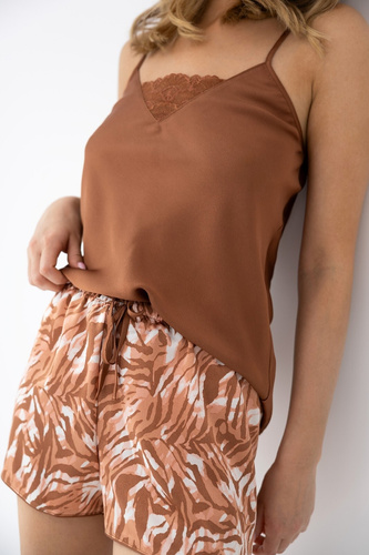 Sensis Velenisse Mocca piżama damska z koronką i printem