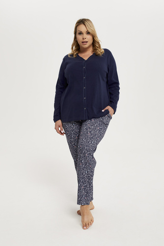 Sajna Piżama Damska długi rękaw, długie spodnie Italian Fashion - granat/druk