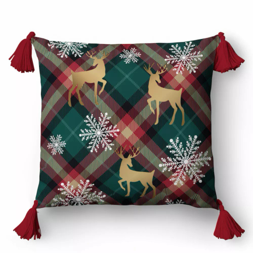 5381 A Poszewka świąteczna dekoracyjna Christmas Deco Detexpol renifery i śnieżynki na tle kratki-  zamek błyskawiczny