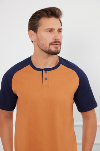 Aleksander Piżama Męska krótki rękaw, długie spodnie Italian Fashion - koniak/granat