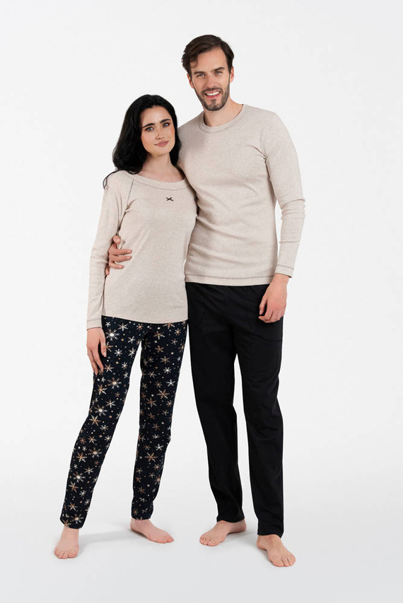 Denali Piżama Damska długi rękaw, długie spodnie Italian Fashion- beżowy melanż/druk