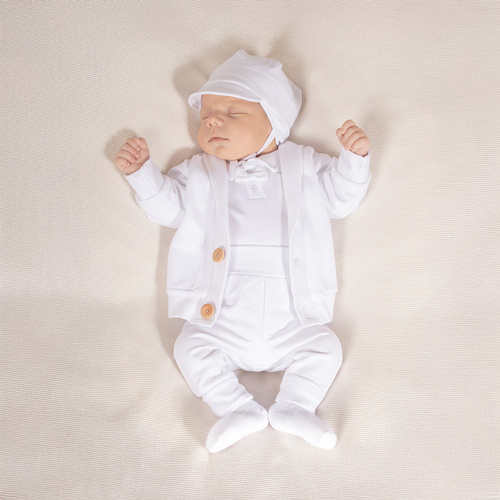 Komplet chrzcielny 169399 czapka, bluza, body i spodnie Nicol - biały