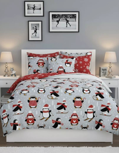 Scandic 076 Pościel świąteczna Scandic Faro szaro-czerwona z pingwinami– dwustronna bawełna 100%, zamek