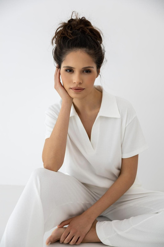 Piżama Zuri ecru Sensis – bawełna i modal, długie spodnie