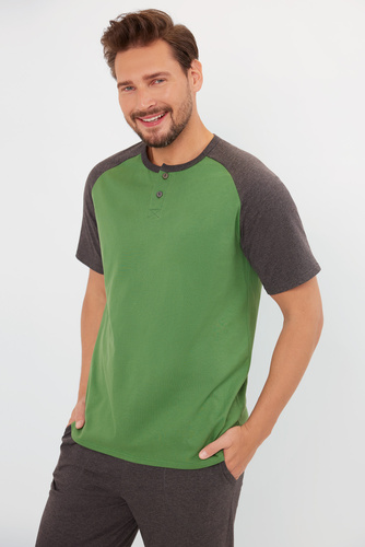 Aleksander Piżama Męska krótki rękaw, długie spodnie Italian Fashion - zielony/c.melanż 