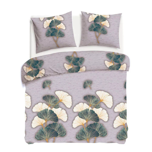 31510/2 Pościel flanelowa Flanelove Darymex beżowa zielona liście miłorzębu– komplet, 100% bawełna, ciepła i miękka