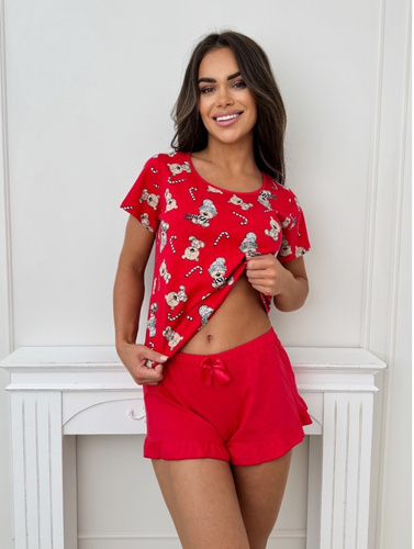 Bear Short Piżama damska Donna – bawełniana, świąteczna, z falbanką