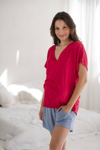 Moon bambusowa bluzka od piżamy ciążowej do karmienia krótki rękaw Milk&Love malinowy