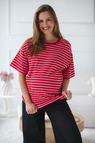 Mamahood T-shirt ciążowy i do karmienia Milk&Love czerwono-różowe paski– wygodny i stylowy