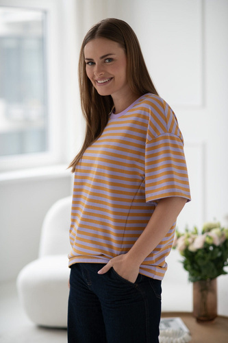 Mamahood T-shirt ciążowy i do karmienia Milk&Love miodowo-liliowe paski– wygodny i stylowy