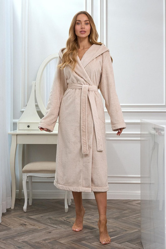 L&L 2602 Honey Długi Szlafrok Damski z Kapturem Miękki Wiązany angora
