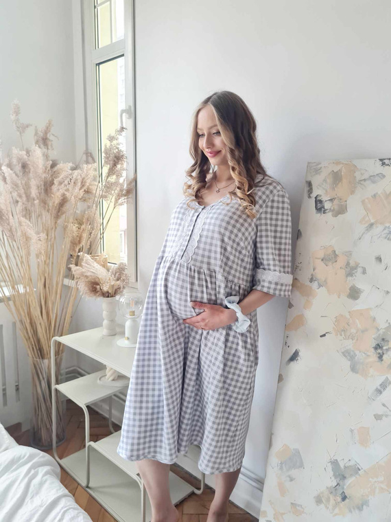 34LI Lidia Koszula ciążowa i do karmienia Marija – bawełna 100%, klasyczna kratka