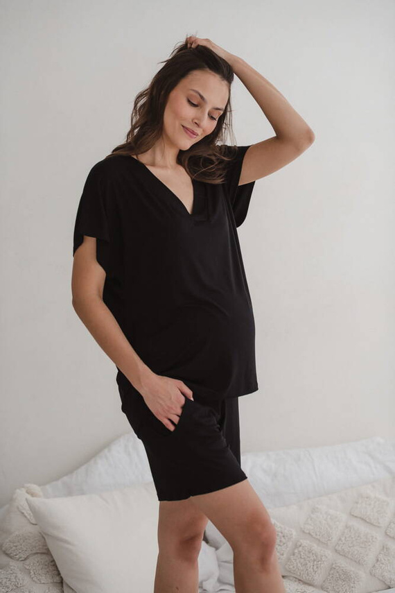 Moon bambusowe spodnie od piżamy ciążowej krótkie Milk&Love czarny