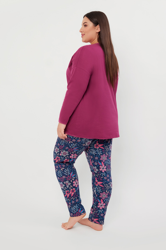 Folk Piżama Damska długi rękaw, długie spodnie Italian Fashion - jeżyna/druk