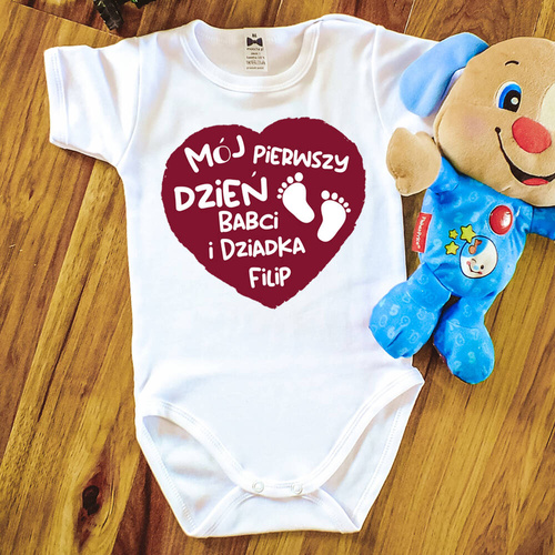 "Mój pierwszy dzień Babci i Dziadka + imię" Body krótki rękaw Moocha biały 
