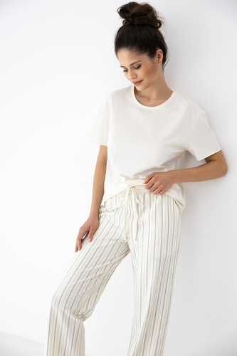 Piżama damska Soleil Sensis ecru-beż, bawełna, krótki rękaw, paski