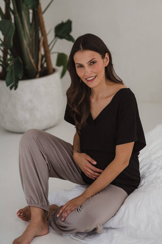 Moon bambusowa bluzka od piżamy ciążowej do karmienia krótki rękaw Milk&Love czarny