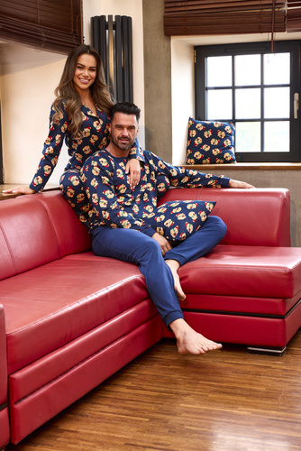 482/459 Teddy 5 Piżama damska Cornette – świąteczna, bawełna, granatowa, zapinana na guziki