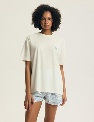 Piżama 44485 Estes kremowa Henderson – Bawełniana, krótki rękaw, haft roślinny