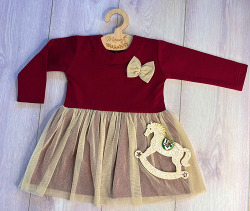 Sukienka dla dziewczynki SH04 Mamatti Merry Christmas – bordowa ze złotym tiulem i długim rękawem