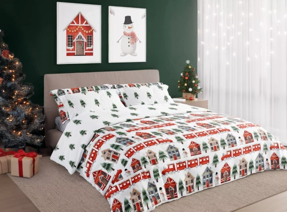 Scandic 075 Pościel świąteczna Scandic Faro biała z motywem świątecznych domków– dwustronna bawełna 100%, zamek