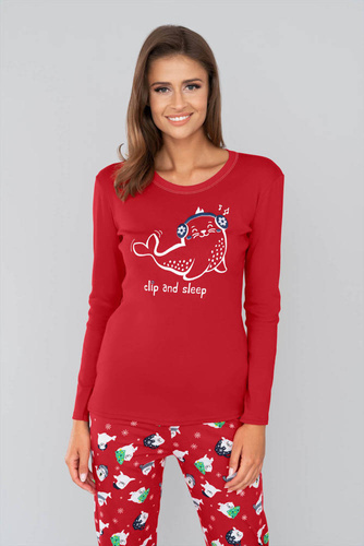 Kasjana Piżama Damska długi rękaw i spodnie talian Fashion- czerwony/druk czerwony