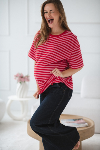 Mamahood T-shirt ciążowy i do karmienia Milk&Love czerwono-różowe paski– wygodny i stylowy
