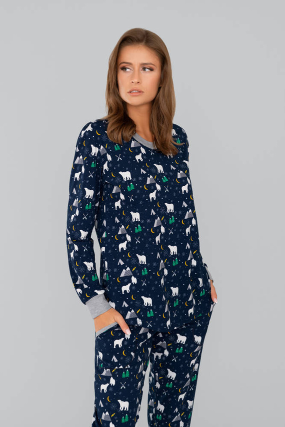 Ava Piżama damska długi rękaw i spodnie Italian Fashion- druk granatowy
