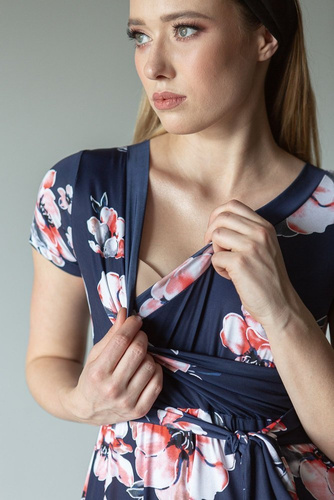 123 Wizytowa Sukienka krótki rękaw MIRACLE- granatowa duże kwiaty-