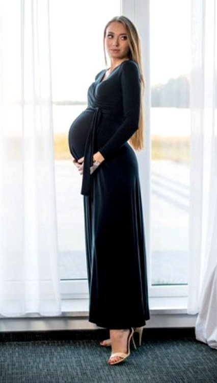 109 Wizytowa Sukienka z długim rękawem MIRACLE- granat w kwiaty