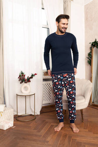 Rojas Piżama Męska długi rękaw, długie spodnie Italian Fashion - granat/druk