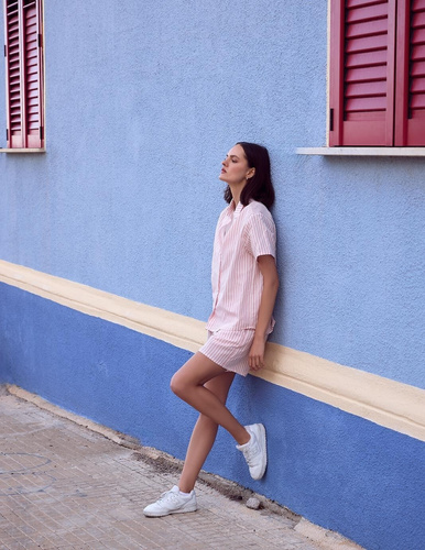 Piżama Selene Sensis biało-różowa len bawełna paski