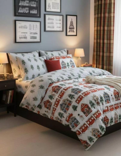 Scandic 075 Pościel świąteczna Scandic Faro biała z motywem świątecznych domków– dwustronna bawełna 100%, zamek