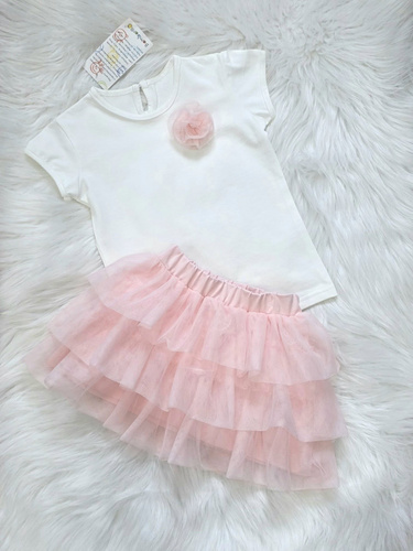 Róża bluzka dziewczęca Bambarillo śmietankowa elegancka z aplikacją różową