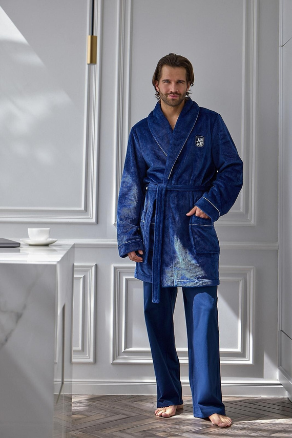 L&L Elegant 2664 Szlafrok Męski Krótki Waflowy Miękki z Kołnierzem navy