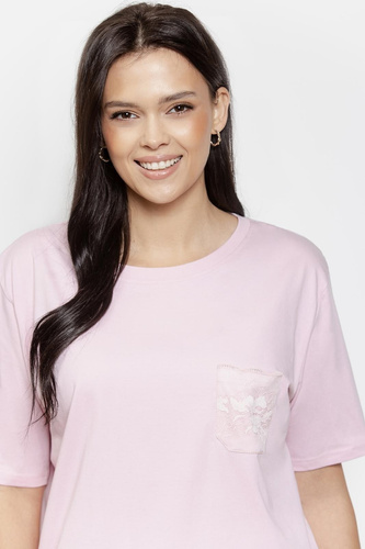 Piżama damska 3569  Adria Taro różowa – Bawełniana piżama z koronkową kieszonką, 7/8