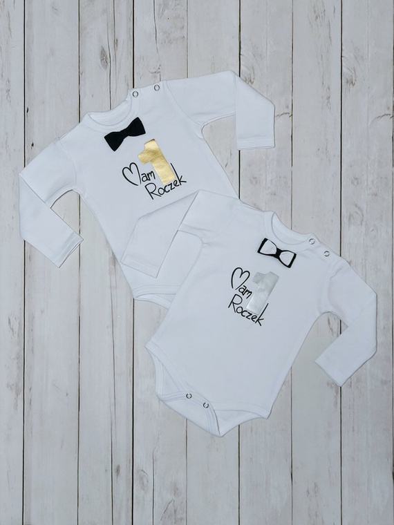 "1 Roczek" Bambarillo Body z długim rękawem- biało- srebrny