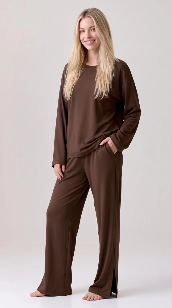 Piżama damska Luna 1312 100% bawełna oversize szerokie spodnie homewear- brązowa