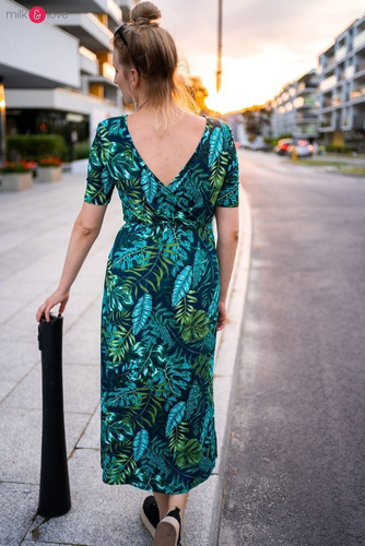 Sukienka do karmienia Two Ways LONG krótki rękaw Milk&Love miętowa w magnolie i ptaki