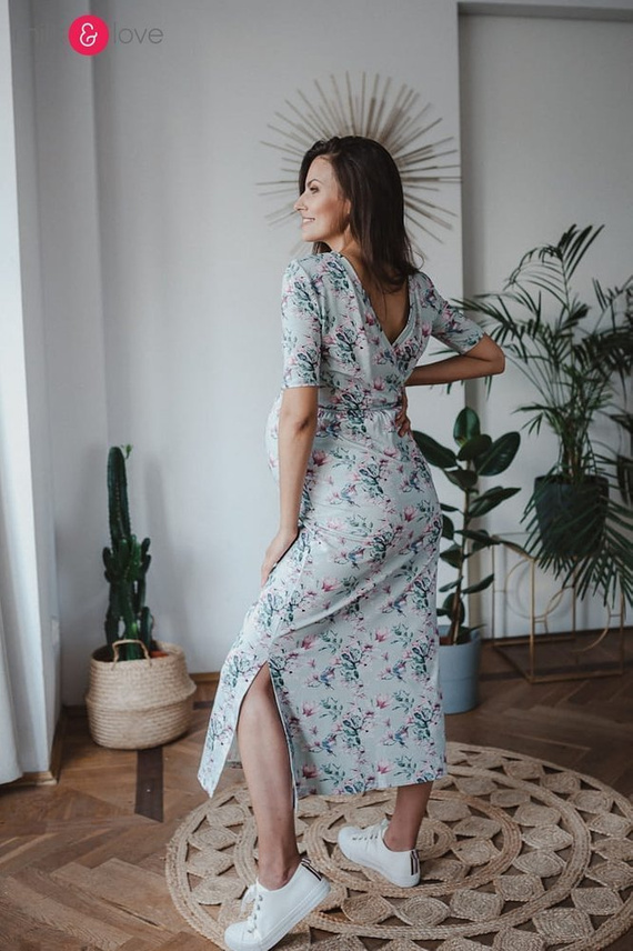 Sukienka do karmienia Two Ways LONG krótki rękaw Milk&Love miętowa w magnolie i ptaki