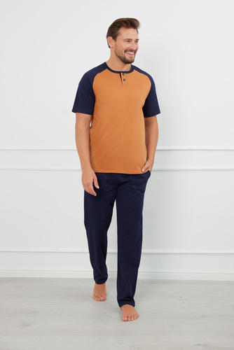 Aleksander Piżama Męska krótki rękaw, długie spodnie Italian Fashion - koniak/granat