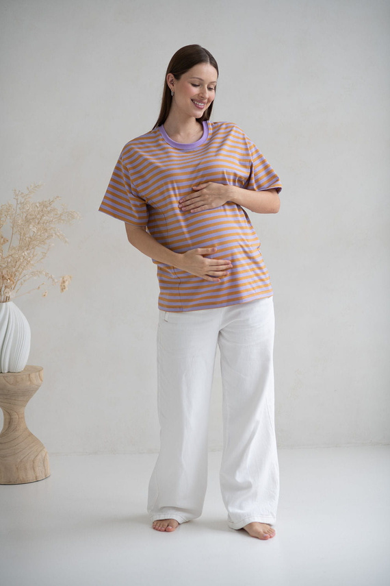 Mamahood T-shirt ciążowy i do karmienia Milk&Love miodowo-liliowe paski– wygodny i stylowy