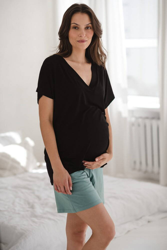 Moon bambusowa bluzka od piżamy ciążowej do karmienia krótki rękaw Milk&Love czarny